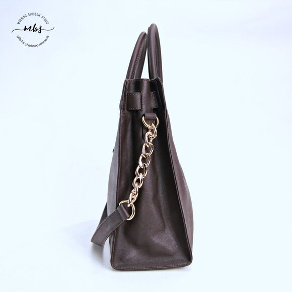 Michael Kors Hamilton Saffiano Chain Leather Brown Gold Shoulder Tote Bag Duster - Picture 2 of 16